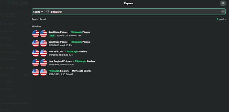 A view of the betting interface on BC Game, one of the best WV online sportsbooks.